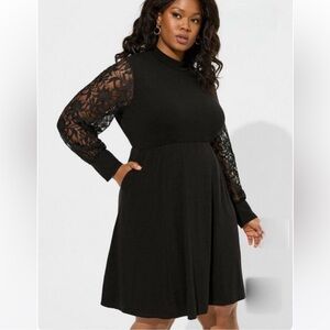 NWT Torrid At The Knee Jersey Lace Sleeve Mock Neck Skater Dress Sz 2X Goth Vamp